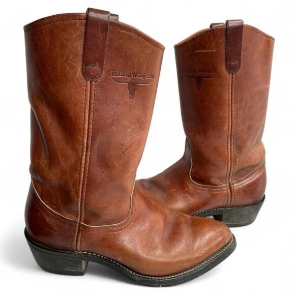 Mason Vintage Leather Embroidered Western Cowboy Boots Biker Work Men's 8.5 D - Picture 1 of 13